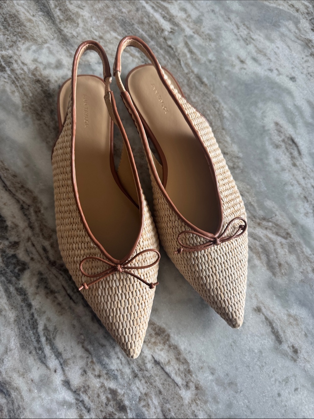 Ann Taylor Beige Woven Pointed-Toe Slingback Flats with Brown Trim